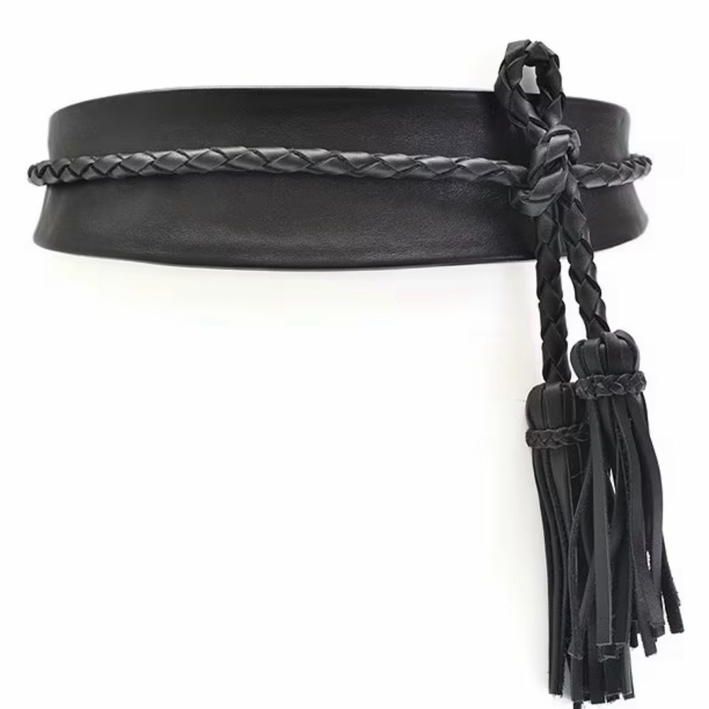 Ada Black Braided Leather Waist Belt with Tassel Ends